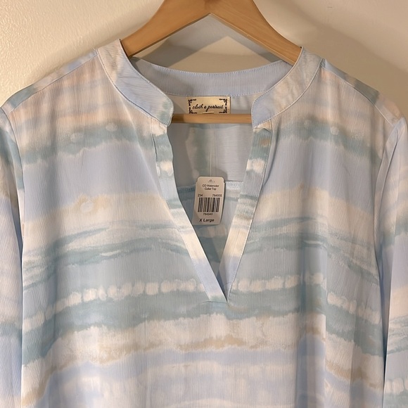 NWT Cloth & Portrait Blue Watercolor Sheer Blouse Convertible Sleeve Sz XL - Picture 2 of 10